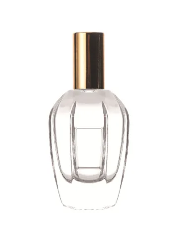 30 ml bottle with Crimp pump, gold metallised plastic and Metal overcap, gold